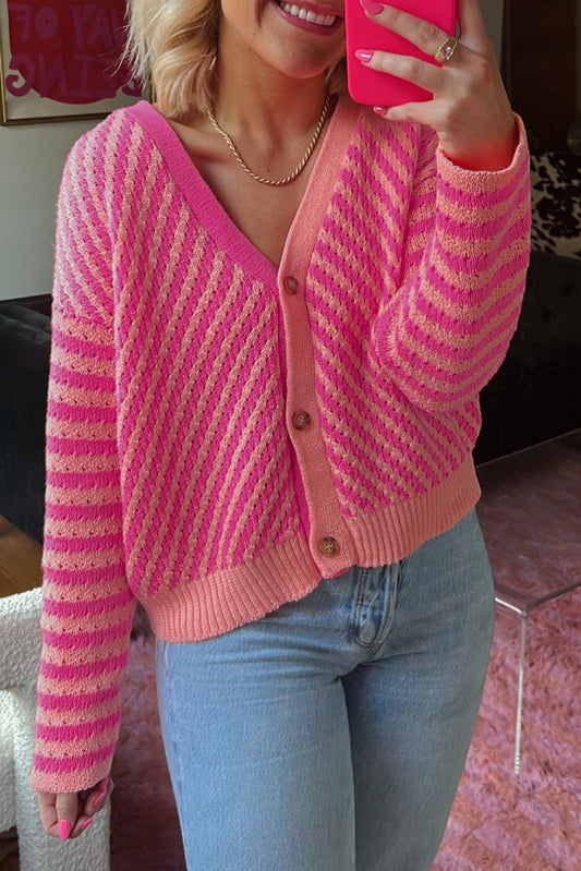 Pink Striped V-Neck Drop Shoulder Button-Up Cardigan