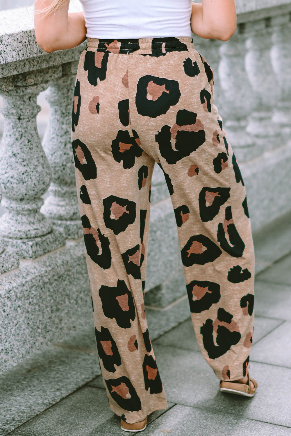 Pantalones casuales de pierna ancha con cordón de leopardo