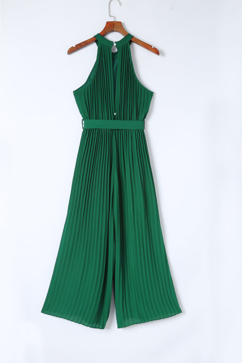 Green Pleated Halter Neck Wide Leg Jumpsuit with Belt