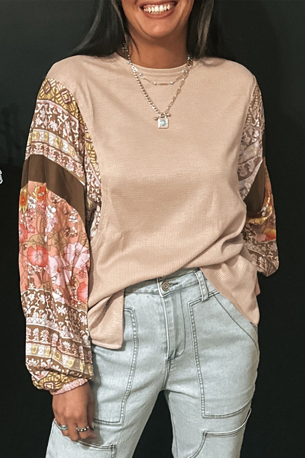 Contrasto di pergamena Floral Patchwork Solleve Waffle Top