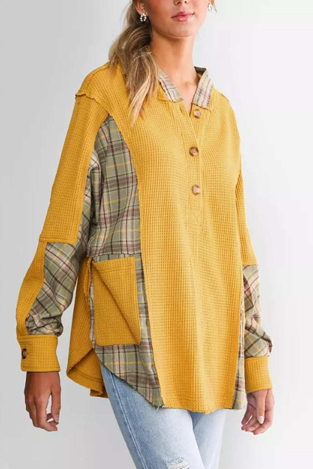 Patchwork à plaid à gaufre jaune à sweat à capuche Henley à poche