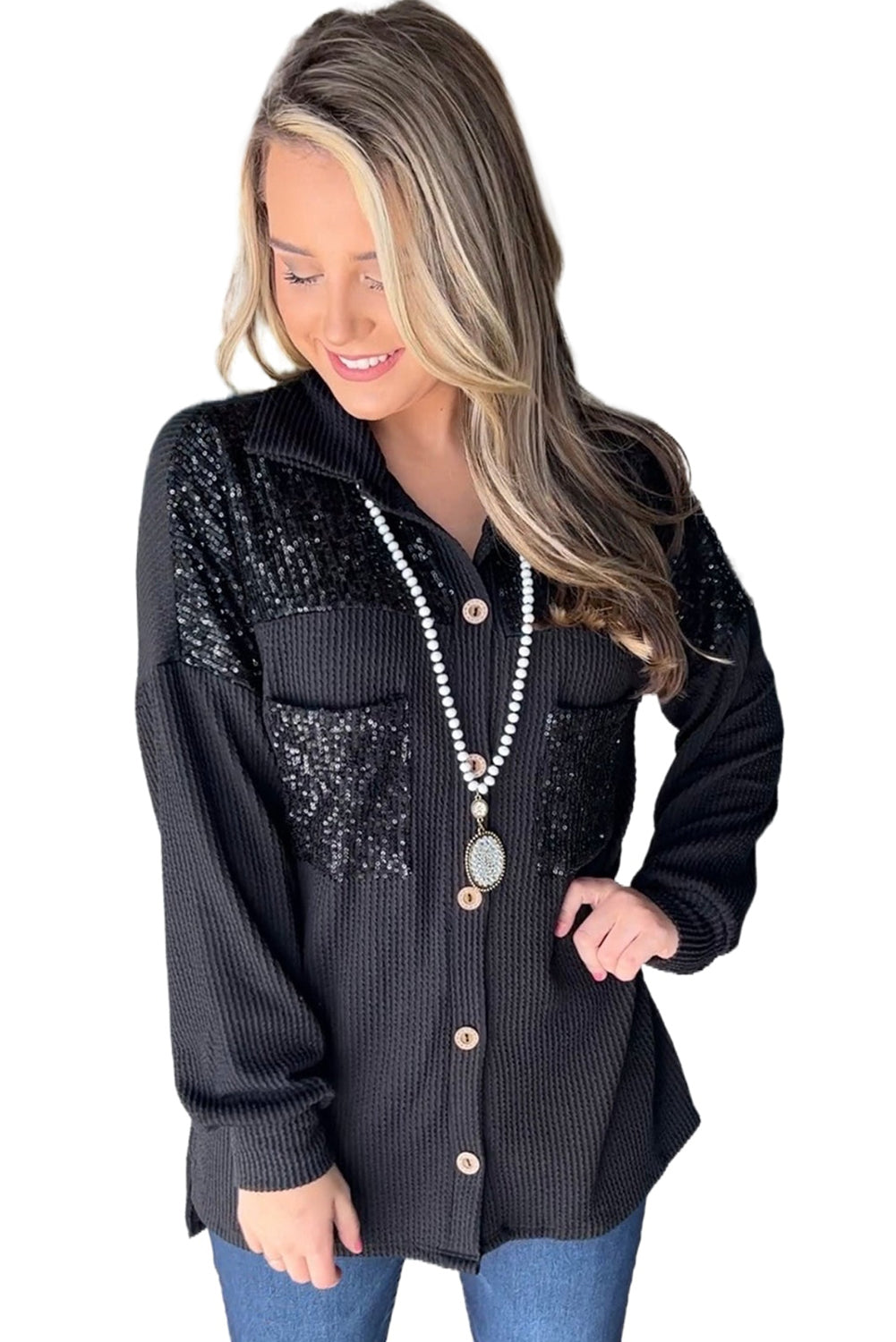 Black Sequin Patch Chacket con cable de bolsillo para el pecho