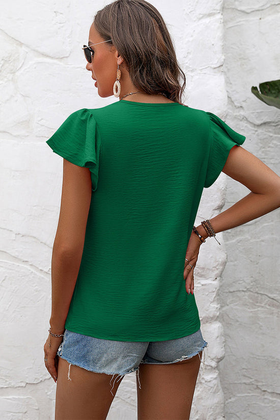 Blusa texturizada complicada con mangas flotantes de color verde oscuro