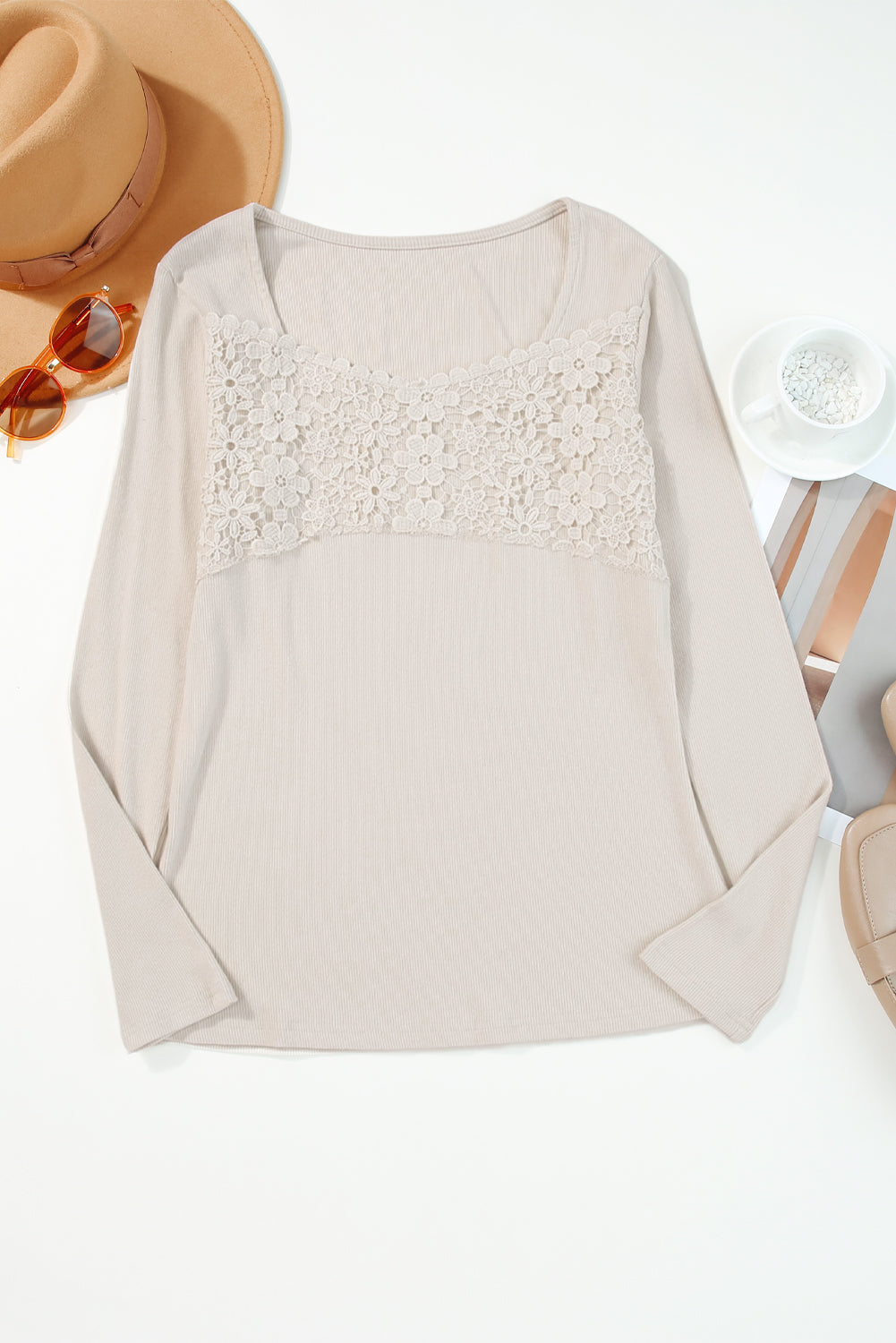 Beige crochet lace long sleeve v-neck top