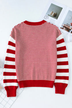 Red Striped Textured Drop Shoulder Sweater