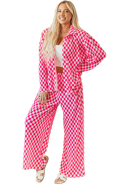 Ensemble pyjama chemise boutonnée à carreaux rose et pantalon taille haute