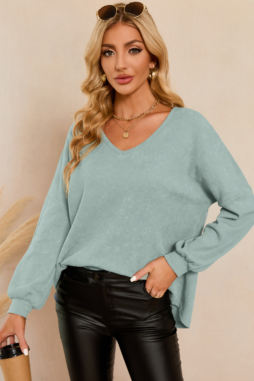 Green Waffle Knit V Neck Long Sleeve Loose Tunic Top