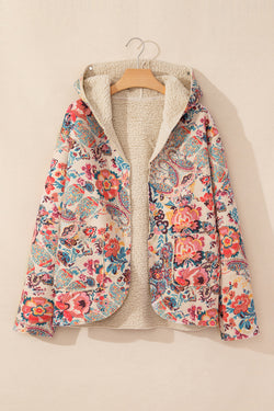 Chaqueta con capucha beige forrada en Sherpa Vintage Floral Print Paisley