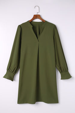 Green V-neck slit shirt dress with ruffle sleeves