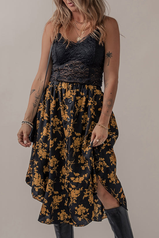 Elastic printed floral ruffle skirt and black buttons