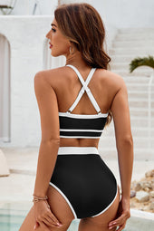 Bikini high black waist with contrasting edge in the cross -back