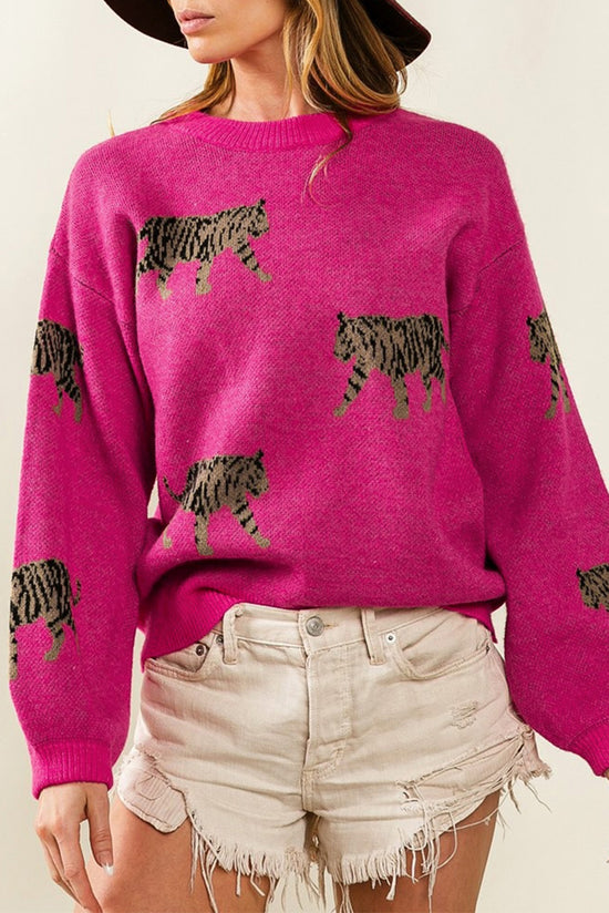 Pull tricoté décontracté à motif animal féroce rose rouge