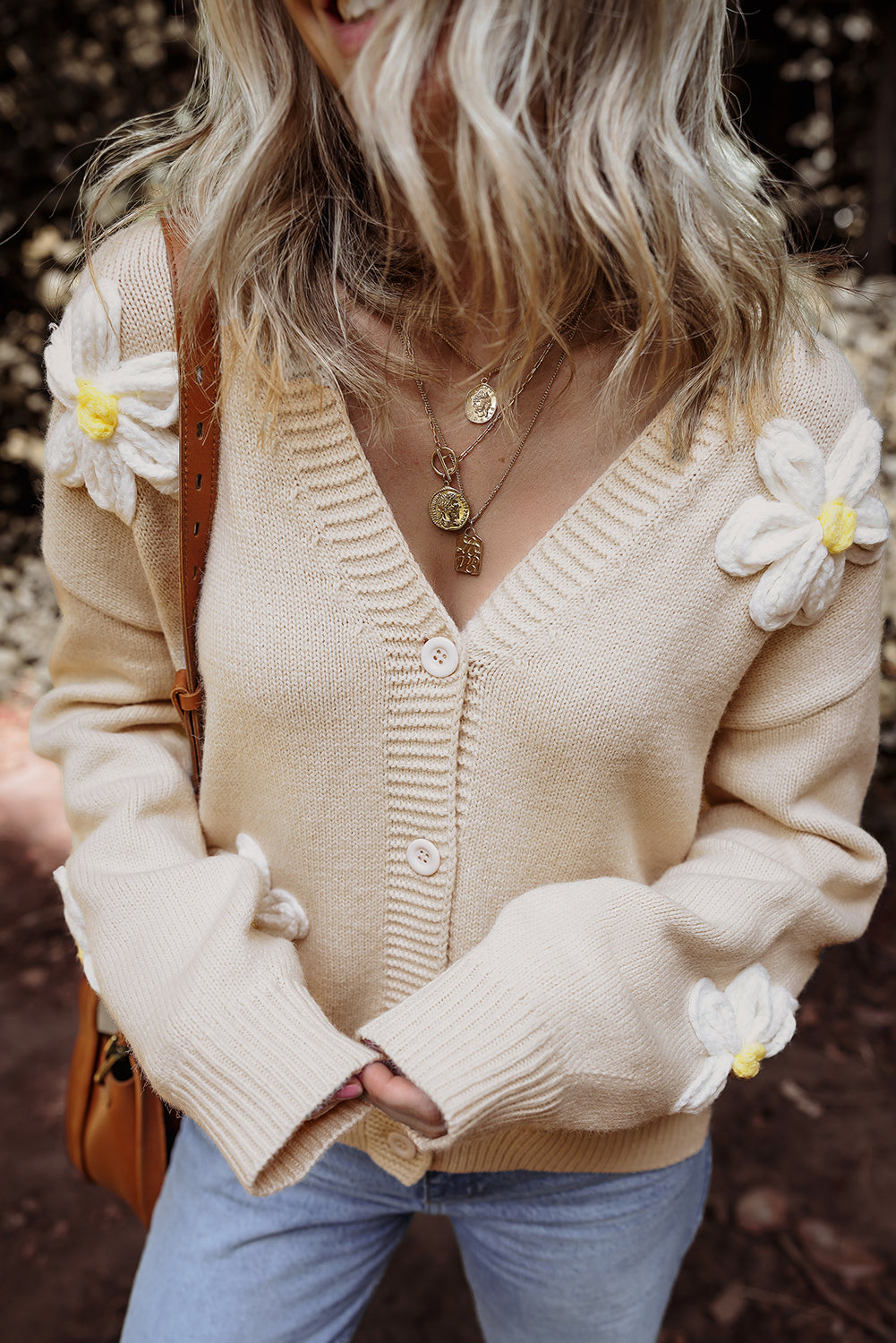 Cardigan boutonné élégant à décor floral en parchemin