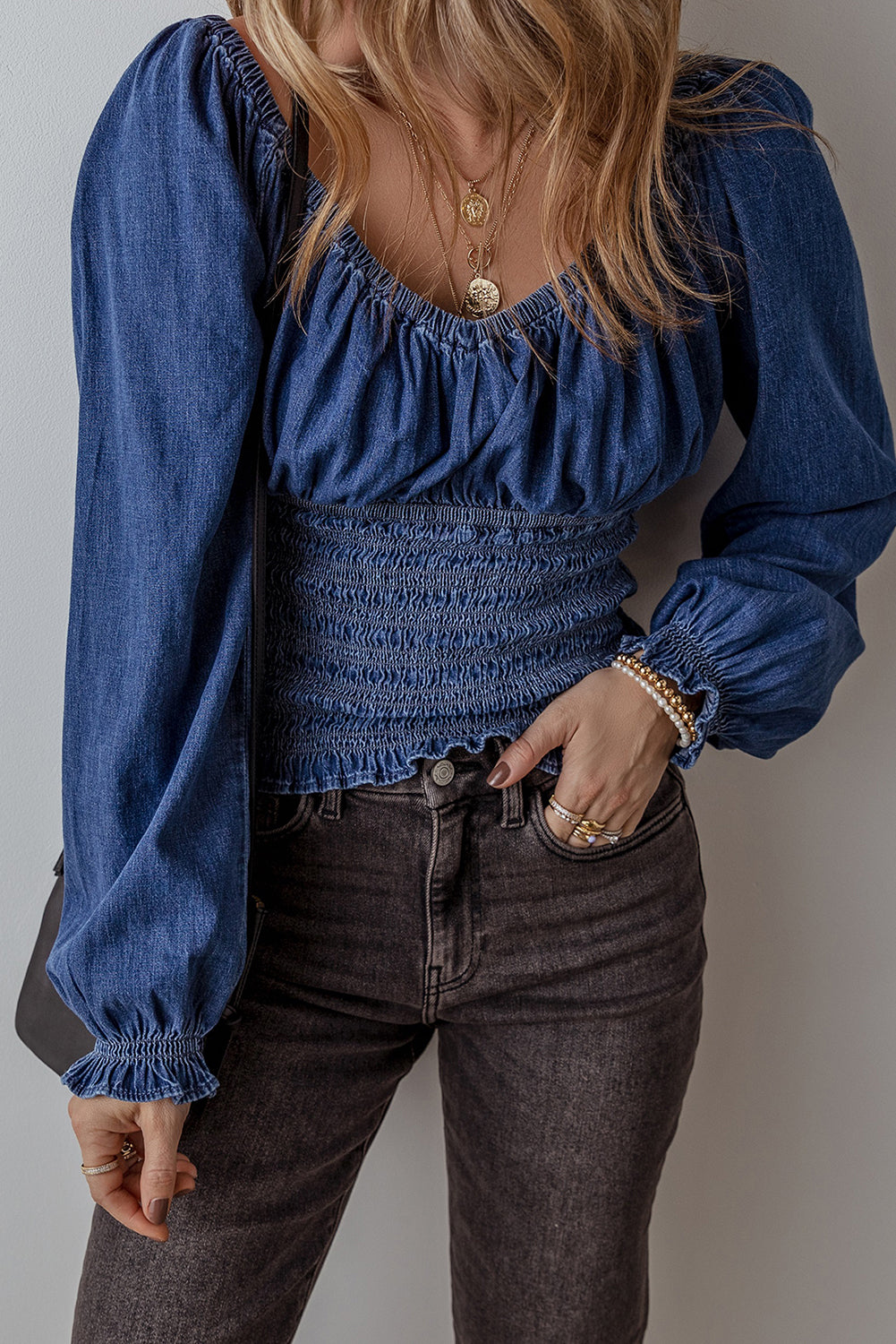 Dark Blue Smocked Ruffled Puff Sleeve V Neck Denim Blouse