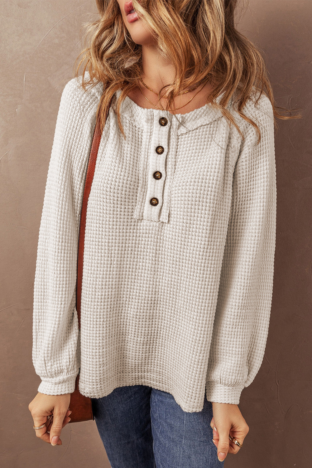 Oatmeal Waffle Knit Botoned Front Raglan manga blusa suelta