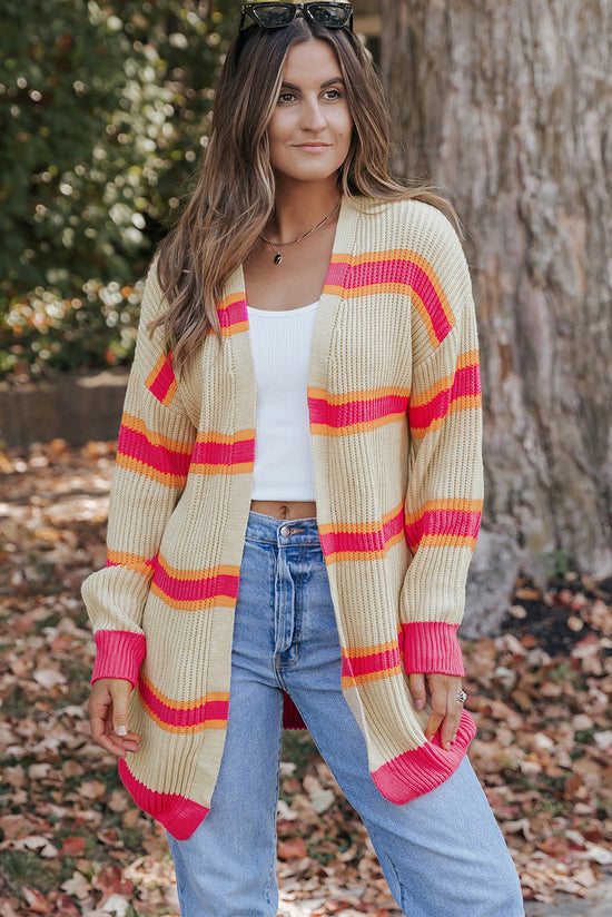 Striped Printed Ribbed Knitted Long Cardigan