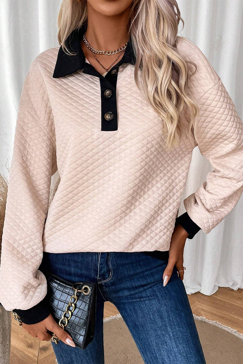 Oatmeal Textured Contrast Trim Button-Down Sweatshirt