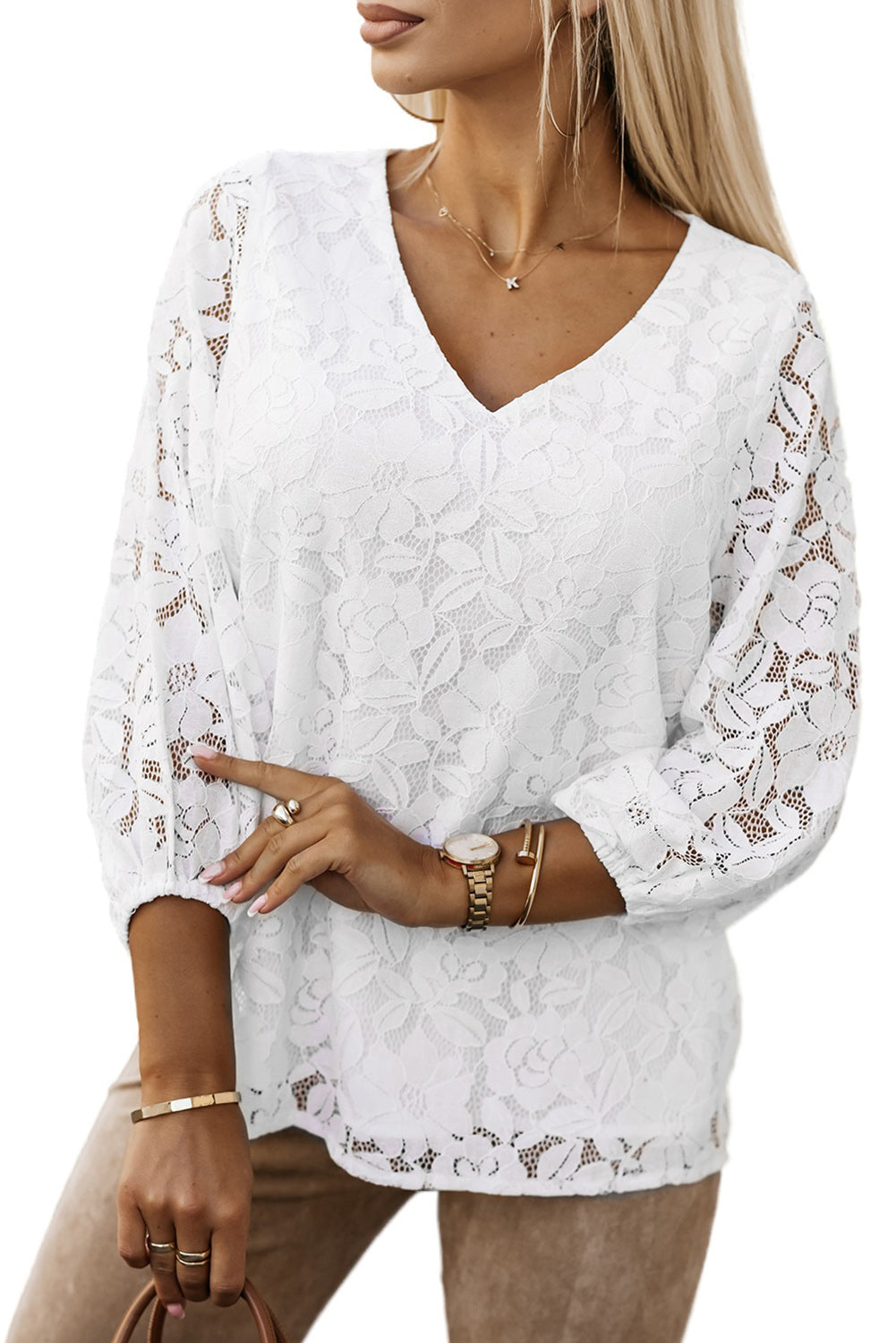 White Floral Lace Crochet Loose Fit V Neck Top