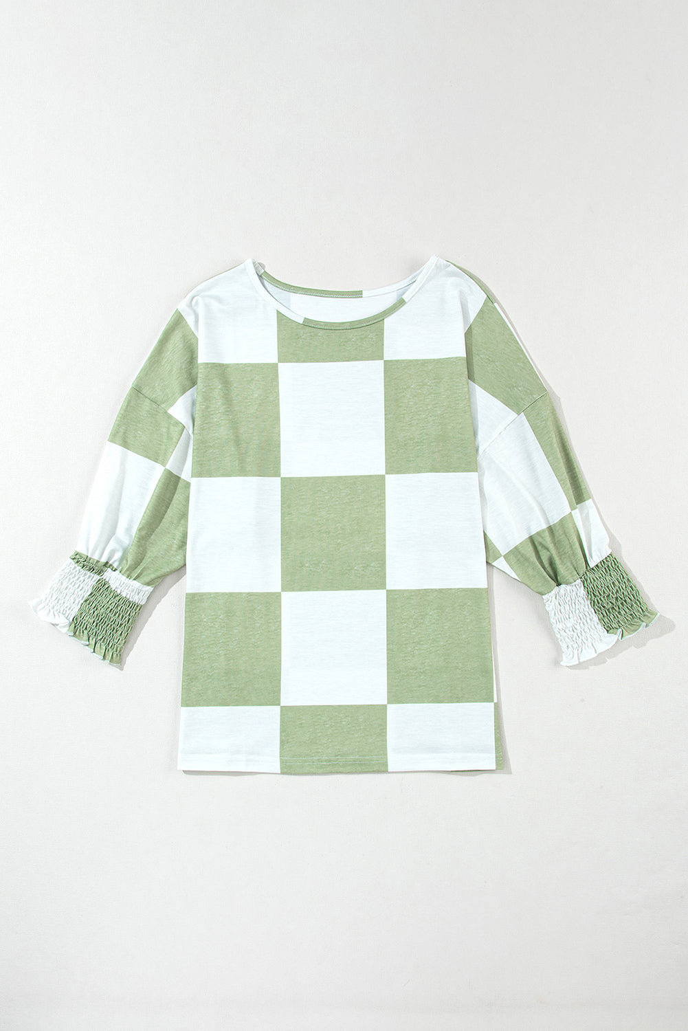 Blouse vert herbe mélangée à carreaux et poignets froncés