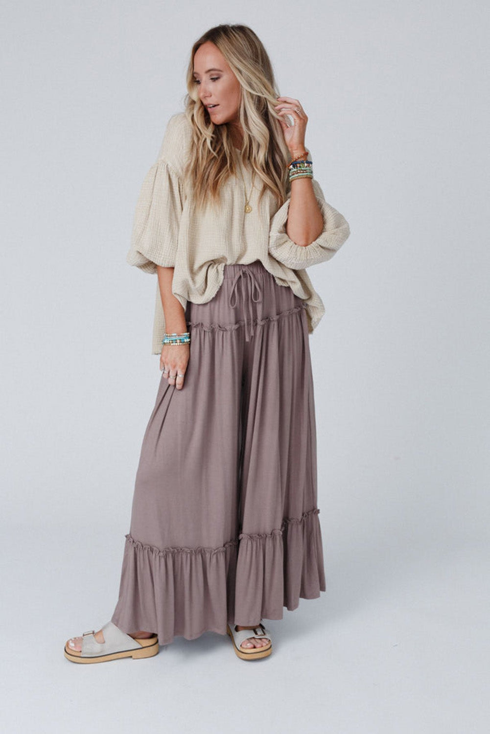 Khaki Frilled Drawstring High Waist Wide Leg Pants