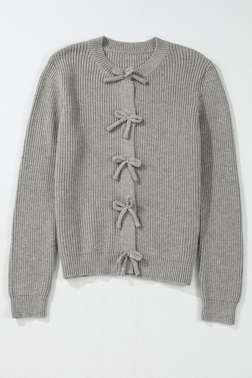 Philippine Grey Ribbed Knit Button-Up Cardigan with Knot Front