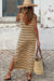 Long -free back dress with open back and khaki striped printed with slits