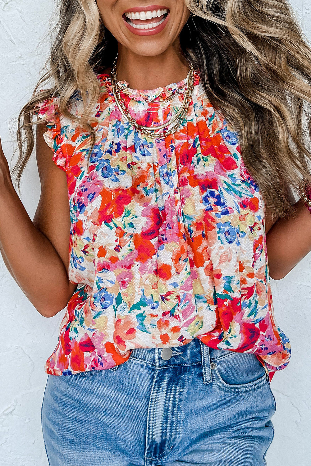 Camiseta de tanque floral boho plisado de cuello con volantes rojos