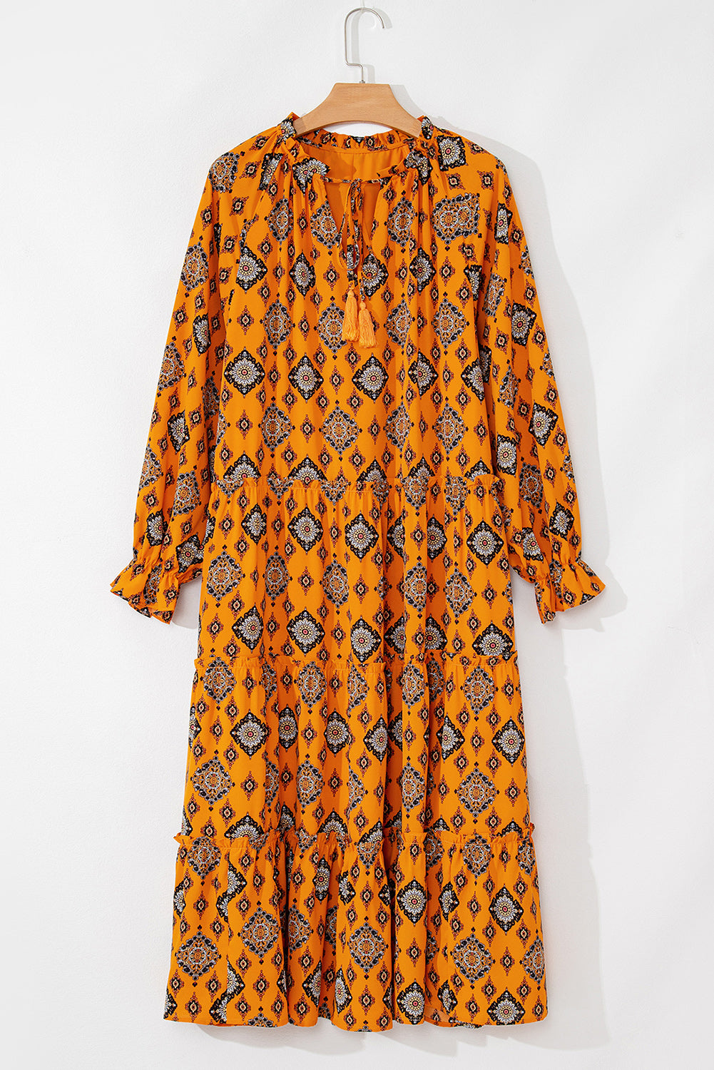 Robe midi orange à imprimé géométrique occidental et volants à plusieurs niveaux, coupe ample