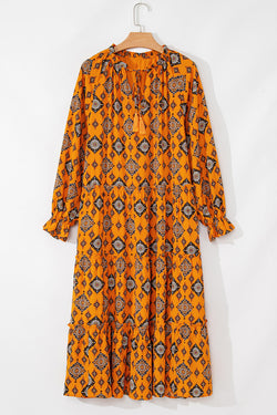 Orange Western Geometric Print Midi Dress with Tiered Ruffles, Loose Fit