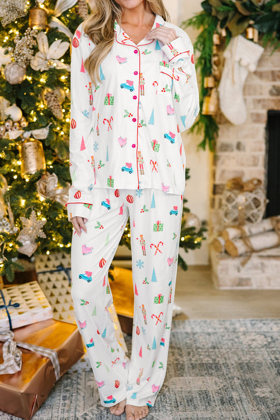 Camisa y pantalones estampados de Navidad blanco, ropa de noche