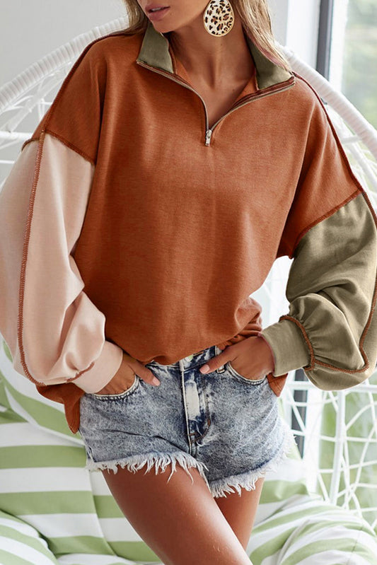 Khaki Exposed Seam Color Block Zipped Sweatshirt