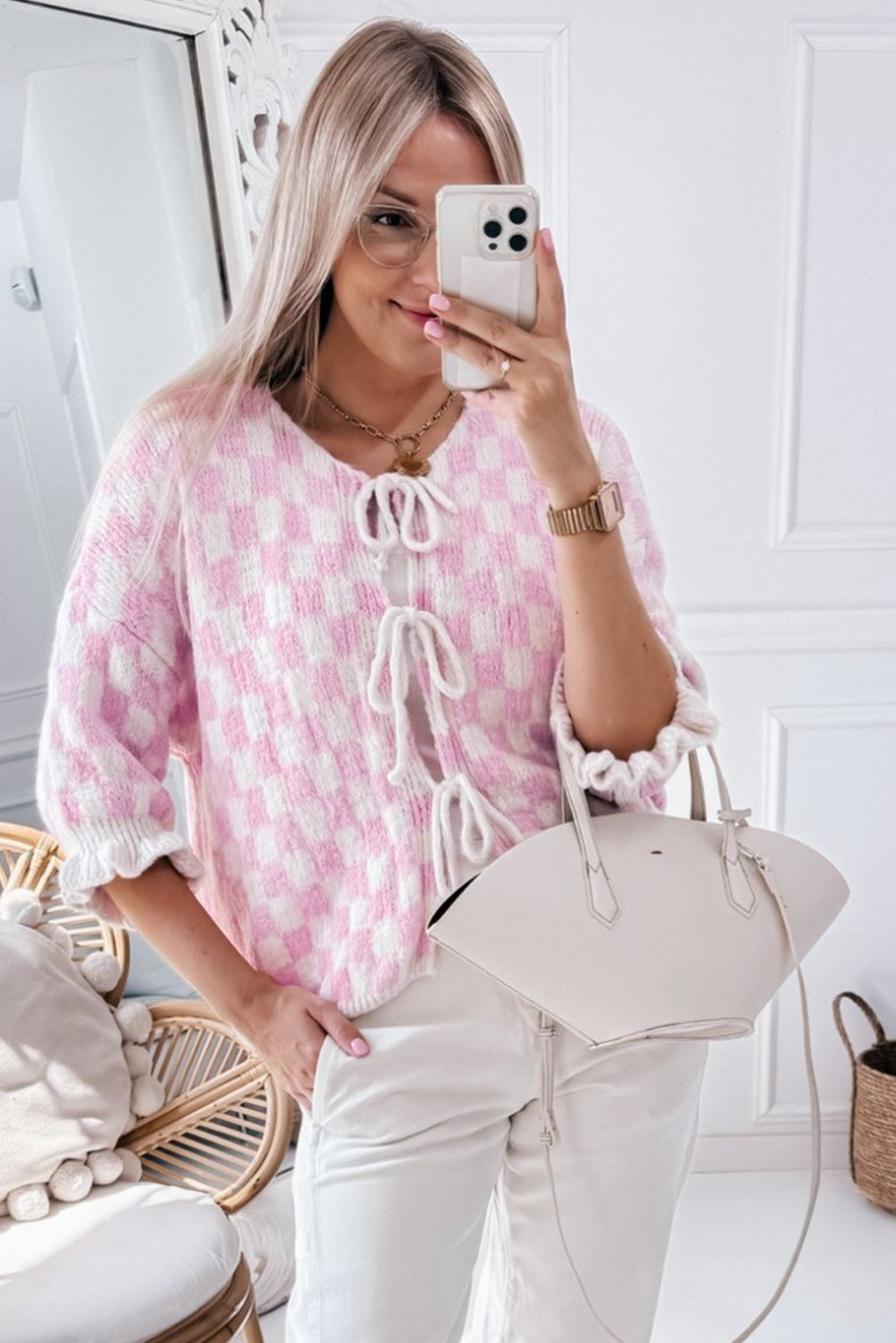Cardigan tricoté à lacets et à volants à manches 3/4 rose clair à carreaux-A WOMAN WE LOVE