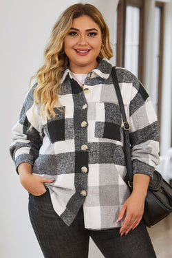 Plus Size Grey Plaid Buttoned Jacket