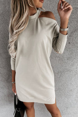 Khaki Off Shoulder Slit T-Shirt Dress