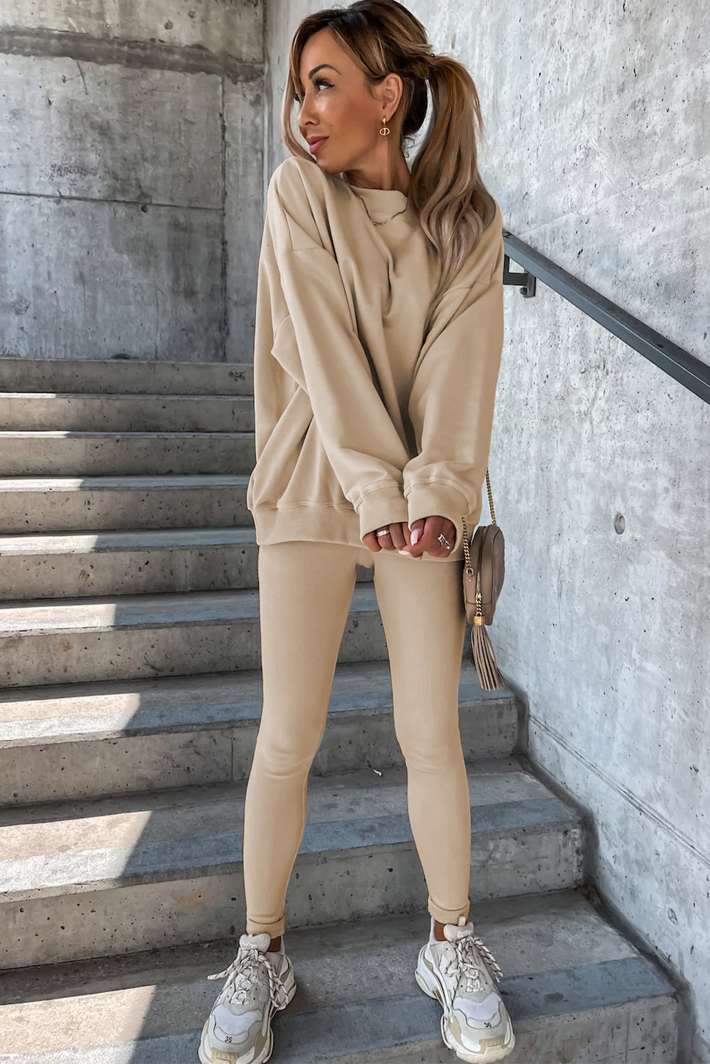 BEIGE Solid Seltshirt e leggings Set da due pezzi