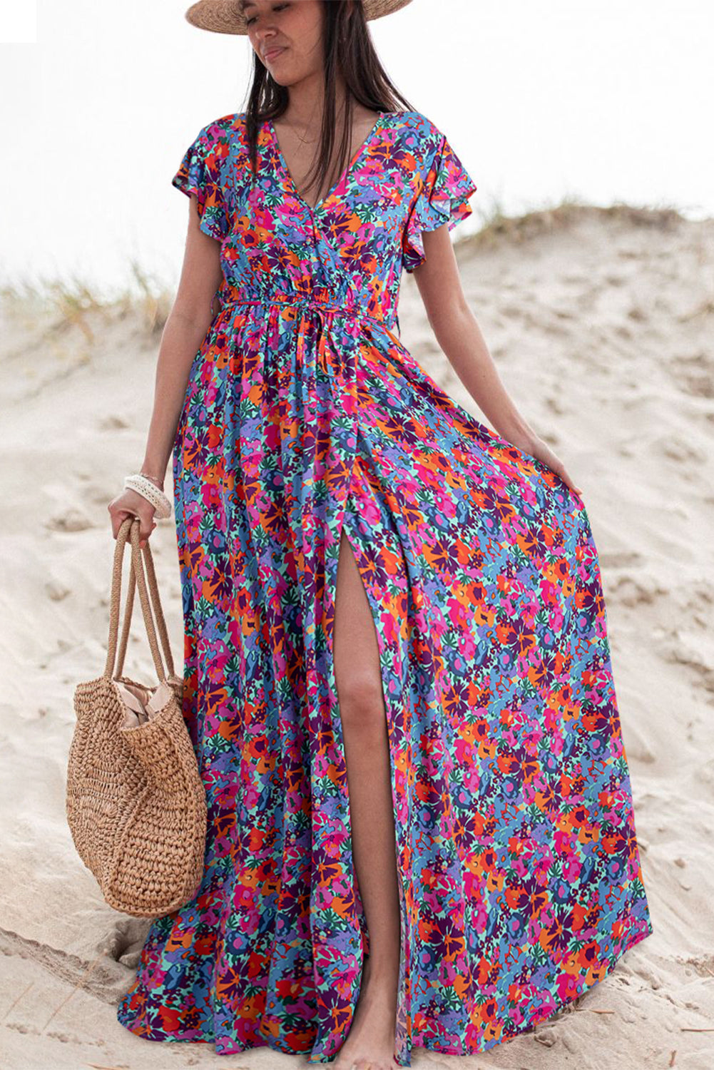 Blue Floral Print V-Neck Wrap Slit Maxi Dress