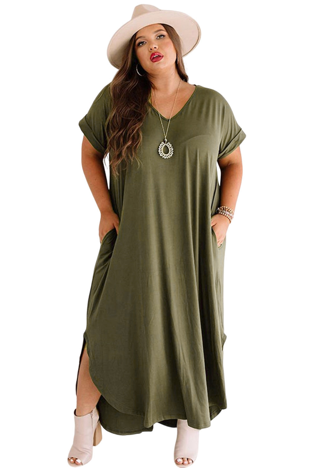 Vestido largo verde con cuello en V y puños enrollados de talla grande