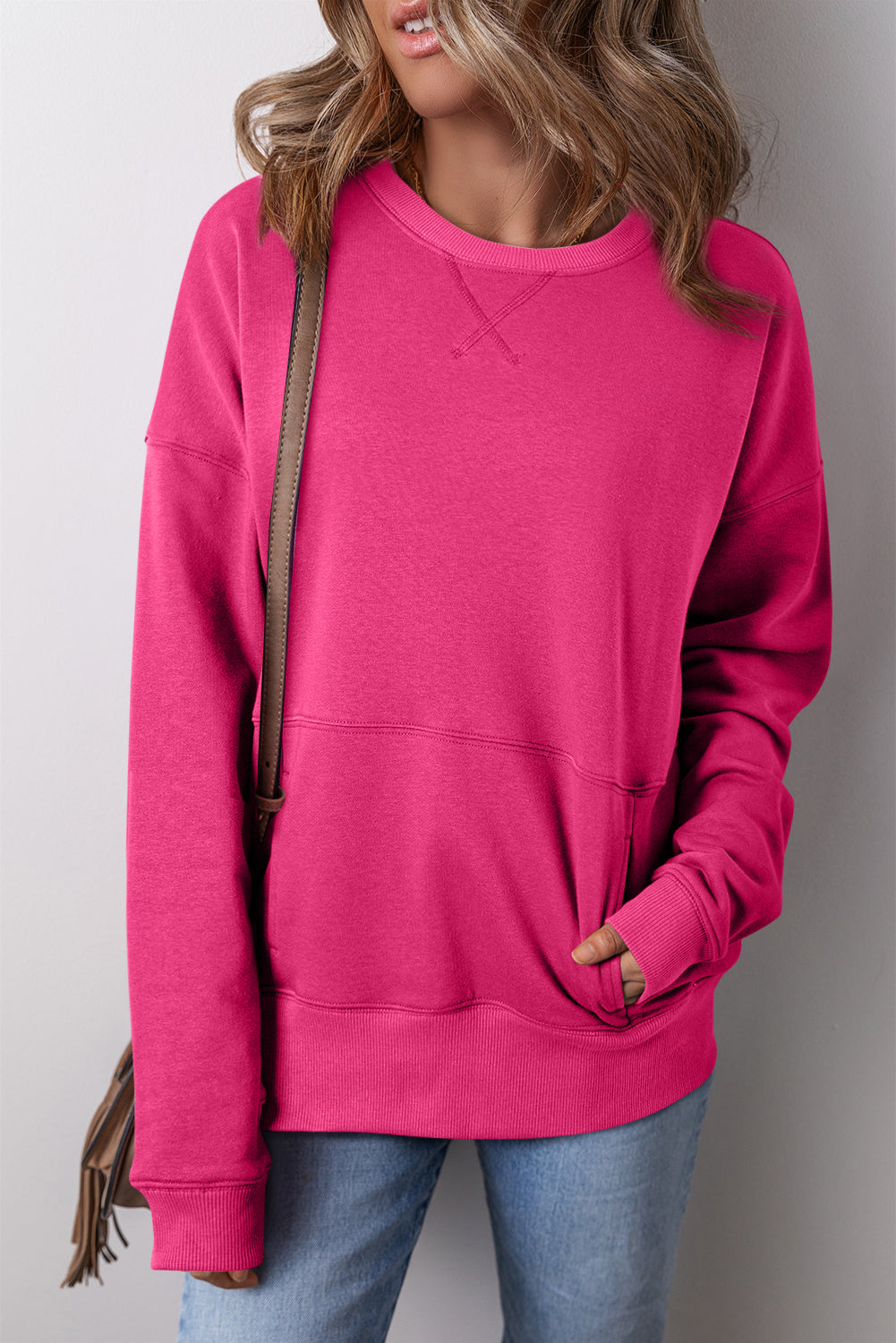 Loose Fit Pocket Sweatshirt with Cross Stitching and Dropped Shoulders Rose Red