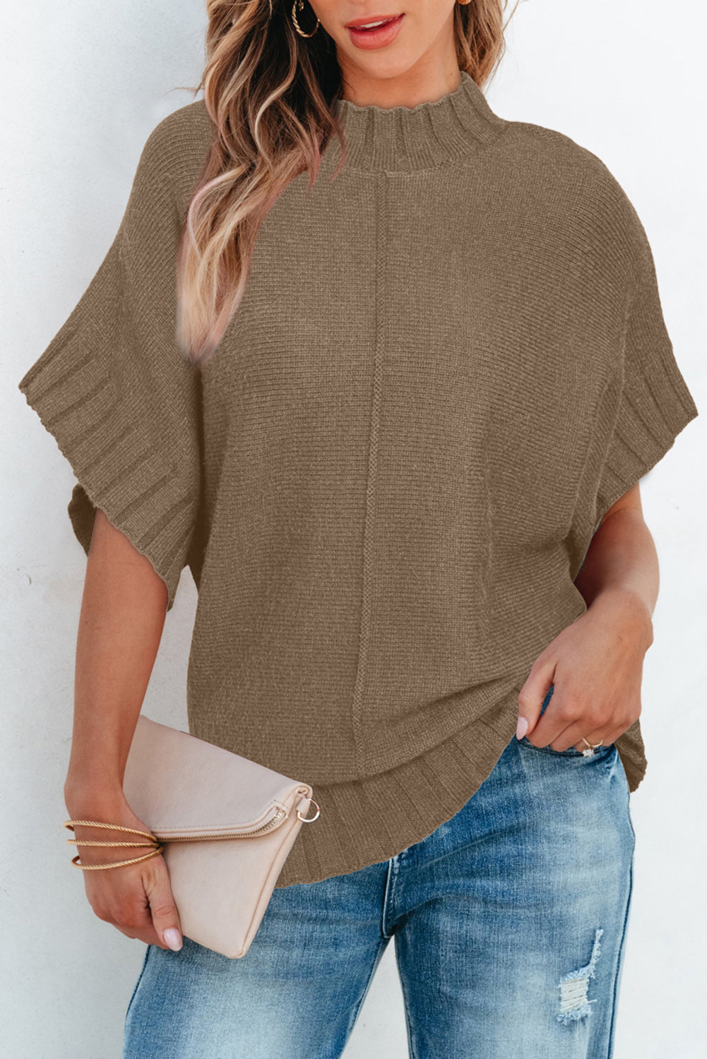 Palma desértica Mock Batwing Batwing Sweater de tejido de manga corto