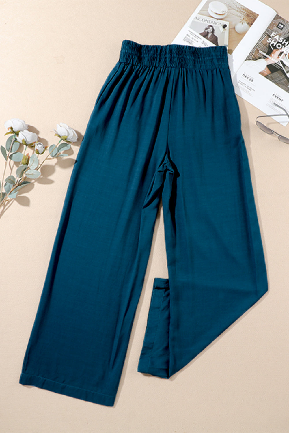 Blue Drawstring Elastic Waist Casual Wide Leg Pants