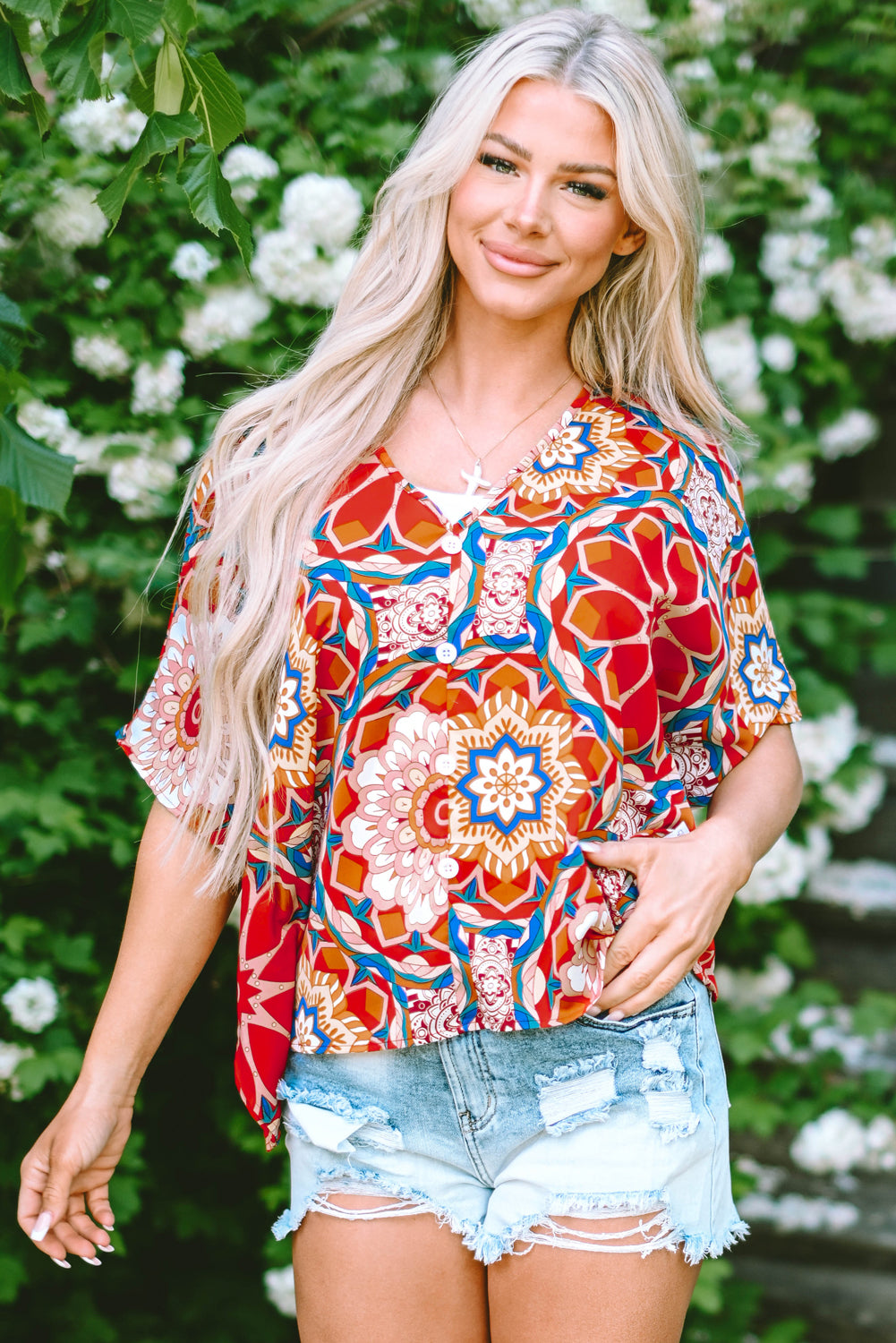 Red Floral Batwing manga V BLUSE