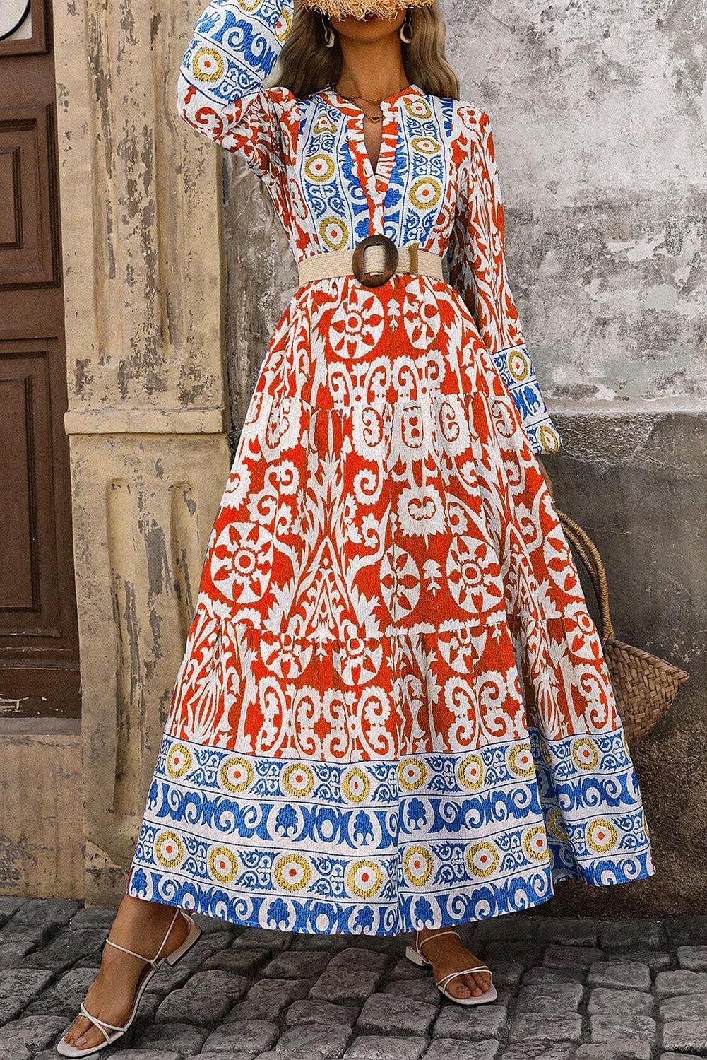 Orange Long Sleeve Boho Geometric Print Maxi Dress