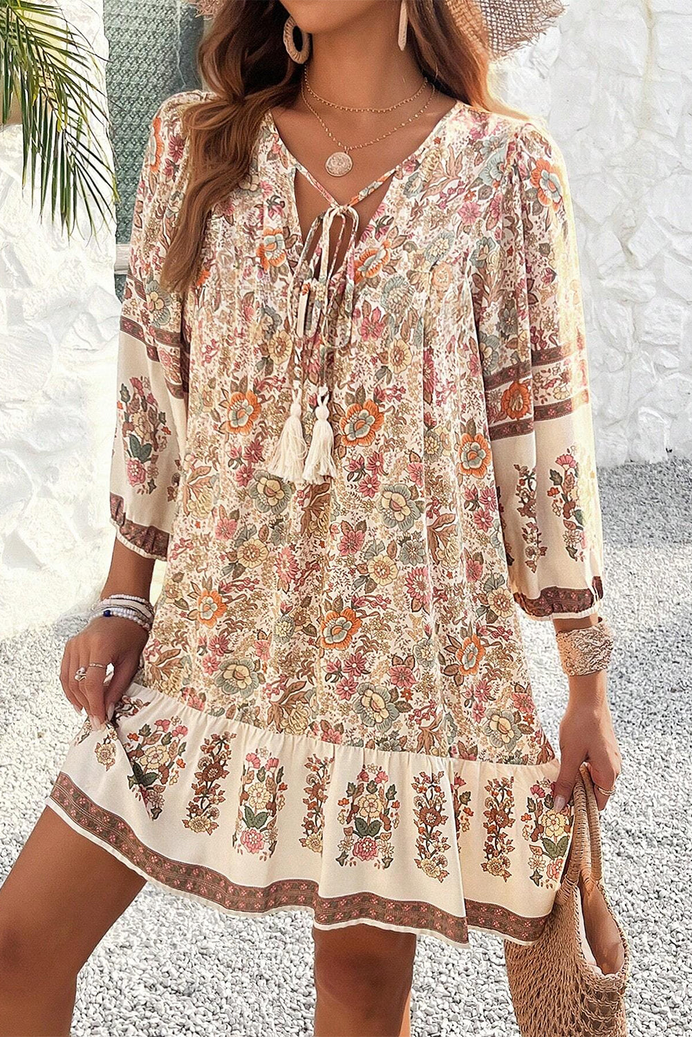 Apricot Floral Print Tassel Drawstring V Neck Loose Mini Dress