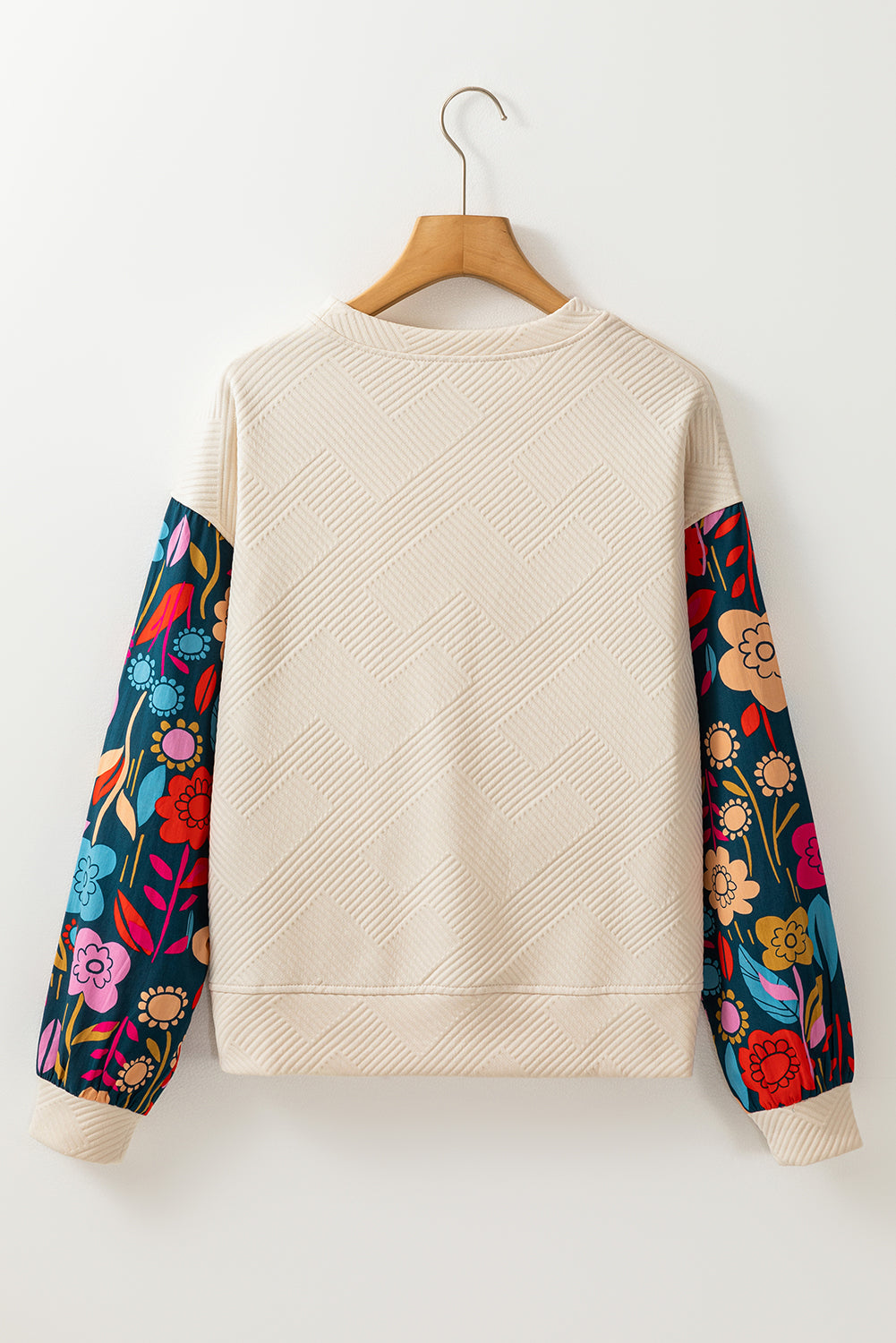 White Contrast Floral Sleeve Textured Drop Shoulder Knit Top