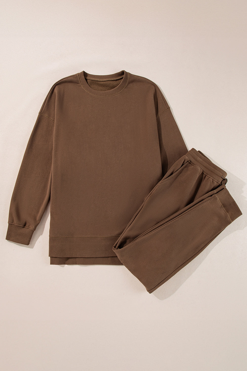 Solid Color Coffee Color Pullover Top Bottom and Slim Pants Set