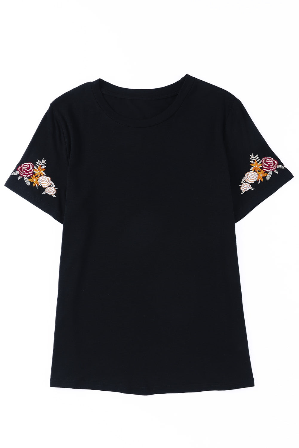 Black T-shirt with short sleeves and round neck embroidered with flowers