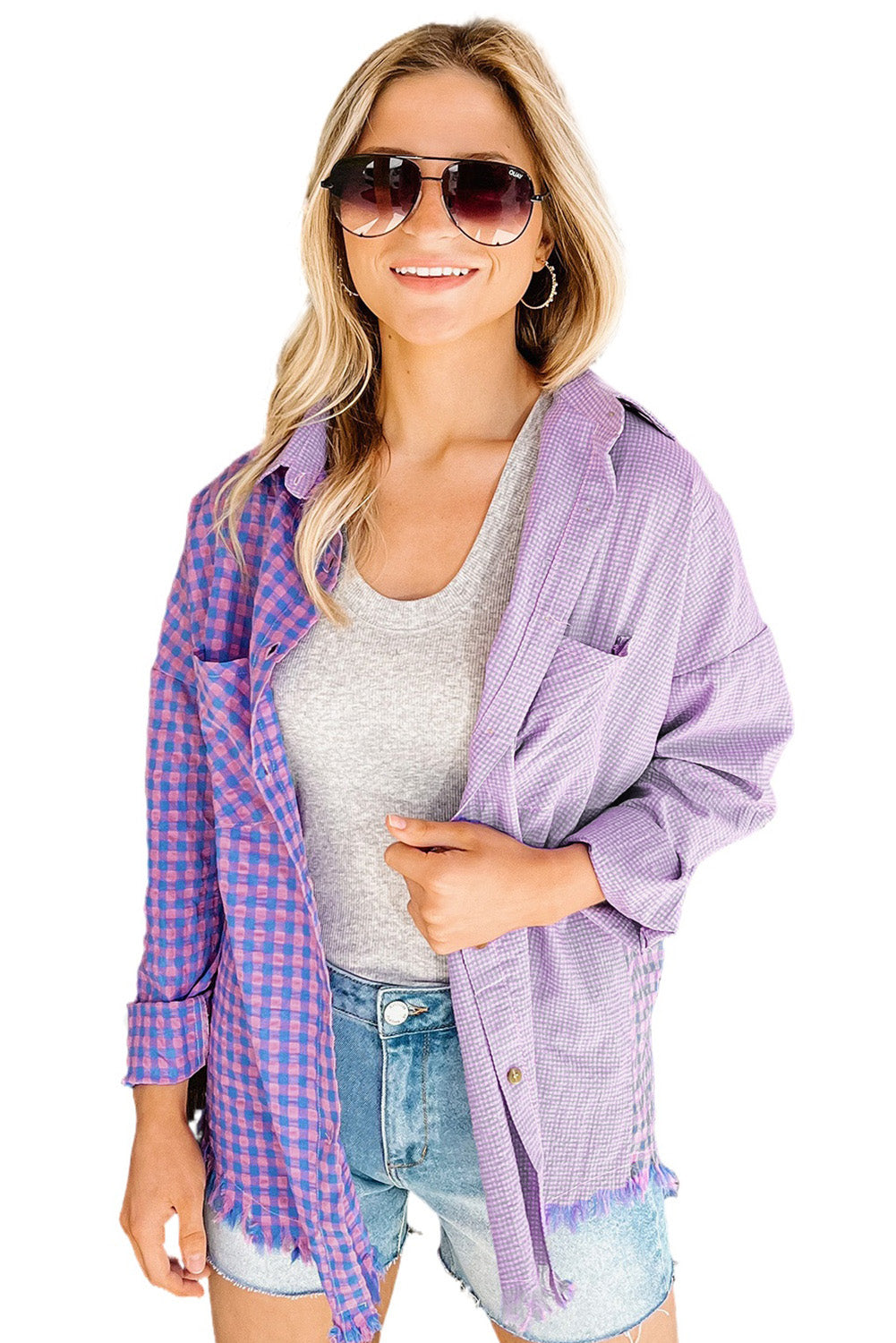 Bouton à plaid mixte violet chemise de poche à manches longues