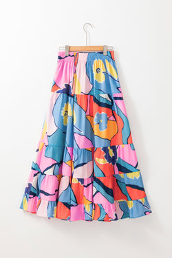 Long high waist skirt printed pink with pockets