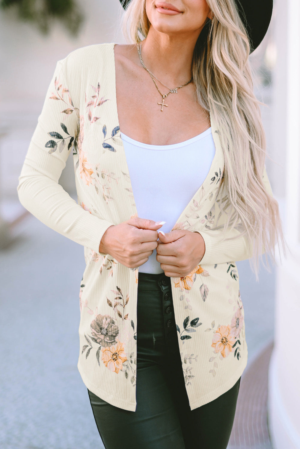 Cardigan coupe slim en tricot côtelé à imprimé floral abricot-A WOMAN WE LOVE