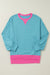 Light Blue Color Block Patchwork Crew Neck Loose Sweatshirt